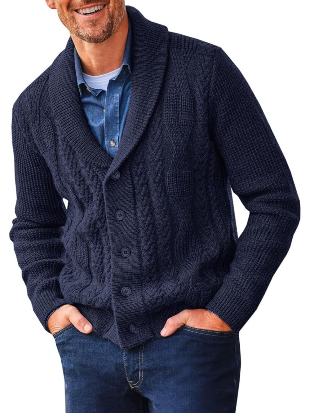 🆕Men's Navy Blue Shawl Collar Cardigan Sweater Cable Knit Casual Winter Outwear